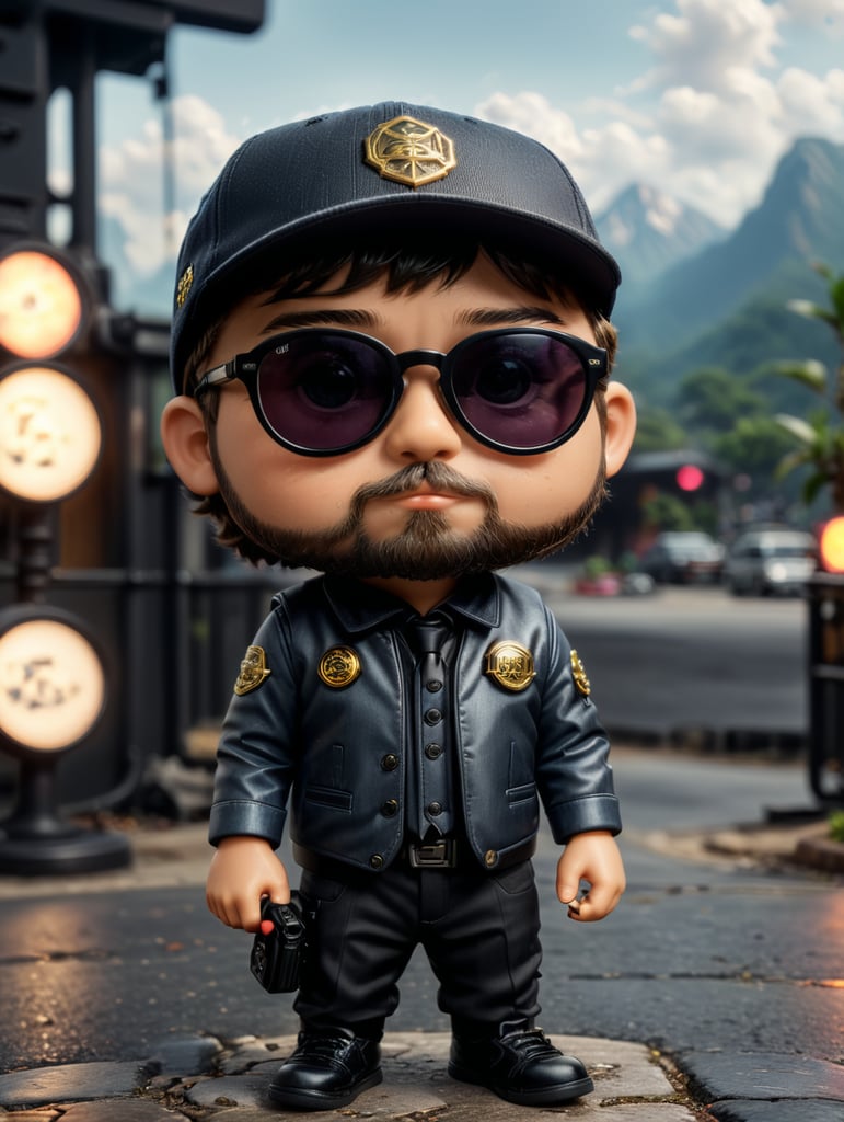 short haired bearded little boy with snap back on head and black glasses funko pop with Design emblem saying "atmost design " on his suit.