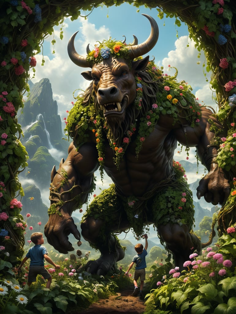 large peaceful minotaur covered in vines, flowers and brambles picking daisies while children climb and play on him. in the style of hyper-realistic oil, zbrush