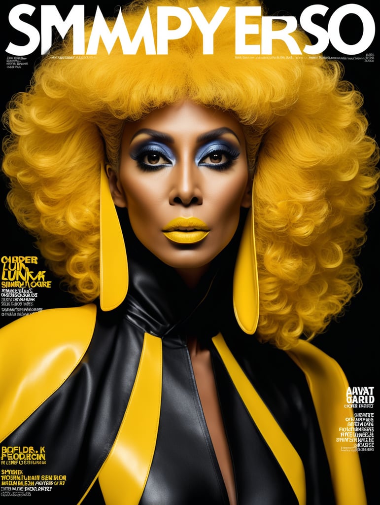 Donyale luna, avant-garde, simplygo, photoshoot spread, dressed in all yellow, black background, harpers bizarre, cover, headshot, hyper realistic