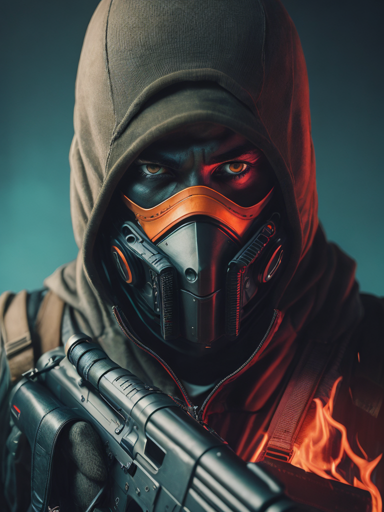 terrorist man with mask from counter strike game with ak-47, ultra realism, super detailed, neon colors, magazine cover, professional shot, magazine photography, bright saturated colors, sharp focus, highly detailed