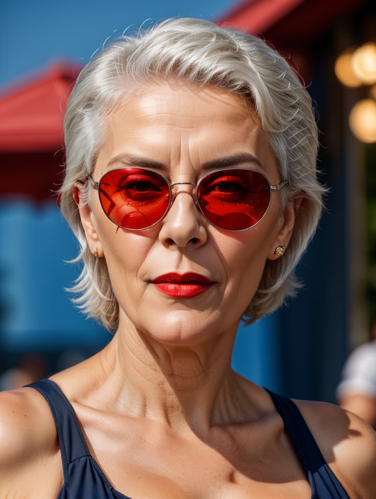 A portrait of a beautiful English older woman with white platinum short hair and big sunglasses, dressed all red, blue background, big cleavage, glamorous London portrait, highly realistic, women designer, very fashionable, colourful
