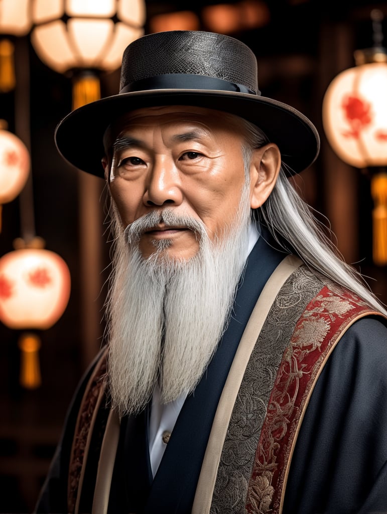 Wise old japanese man from tokyo with a long white beard, intricate, sharp focus, fantasy, cinematic lighting, other worldy, surreal 8k photo, dark moody aesthetic
