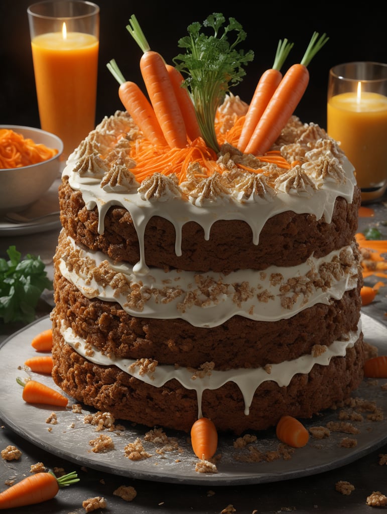 high quality cinematic food explosion, carrot cake