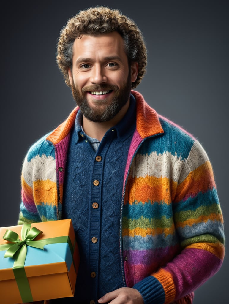 portrait of a bearded curly man wearing coloured knitted jacket, stands front camera with gift box his hand, happy birthday images, spring time