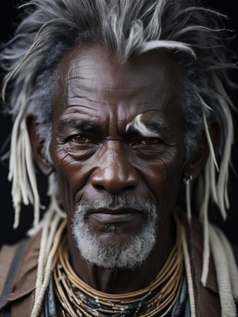 Portrait of a black elderly male shaman, gray beard, muted tones, black background