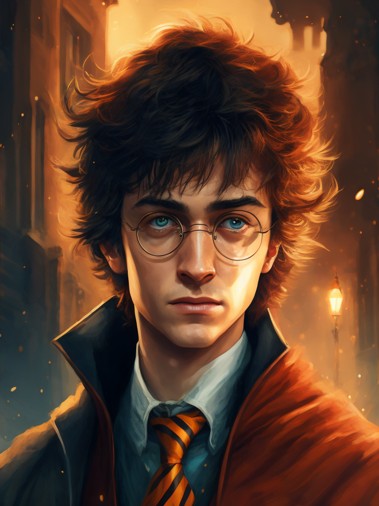 Portrait of Harry Potter in medieval style, detailed face, contrasting light, Against the backdrop of the castle,
