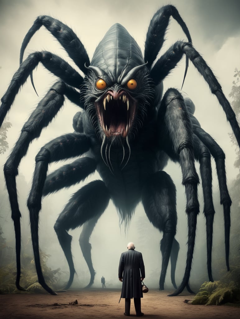 Old man standing next to a giant spider monster, in the style of contemporary vintage photography, necronomicon illustrations, tabletop photography, 1890, hyperrealistic animal portraits, ghostly presence, whirring contrivances