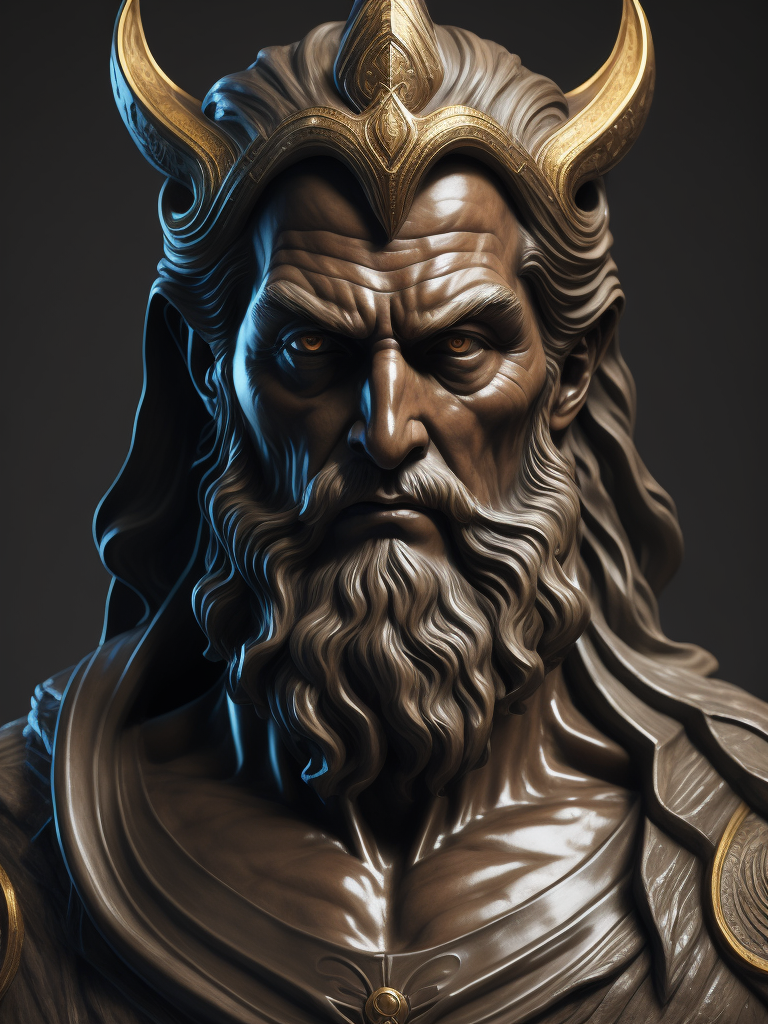 estatua de mármol oscuro zeus escultura detalles nítidos góticas estéticas mitología inspiradoras tonalidades oscuras iluminación dramática mármol obra maestra deidad legendaria impresión etérea