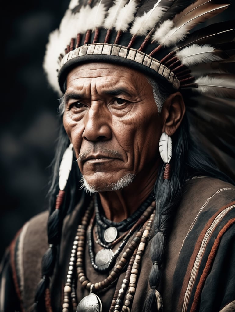 portrait, old western Native American Shaman, national clothing, dark scene, dark atmosphere, epic shot, sharp on details