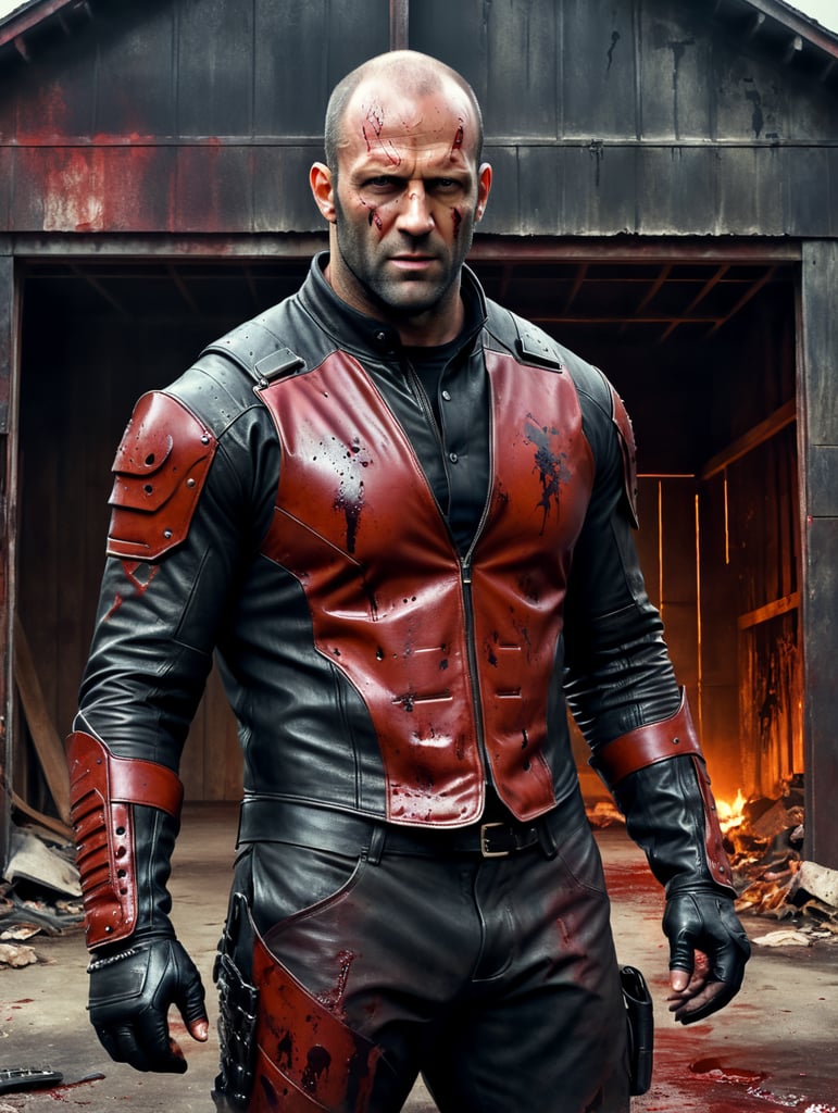 Jason Statham in a bloody leather face outfit with half the mask torn away standing in front of a haunted garage