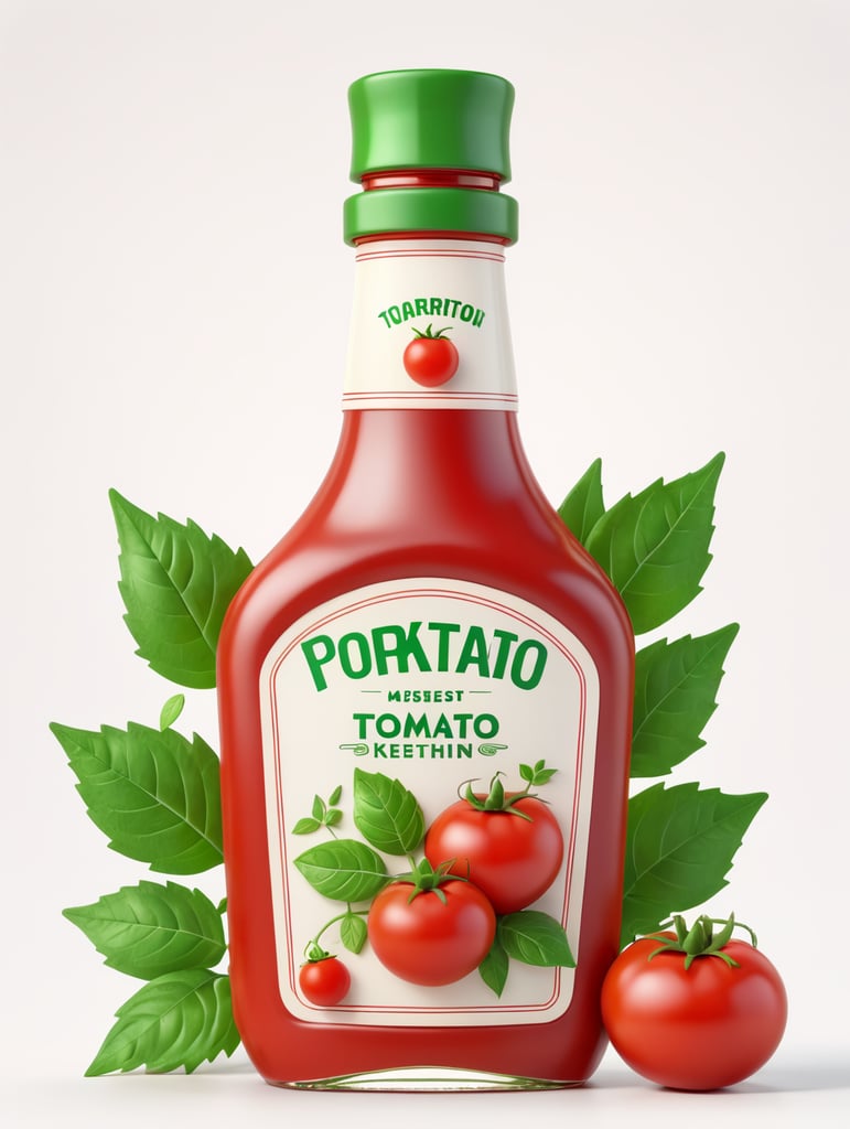 tomato ketchup bottle, red tomato with green leaves, isolated, white background