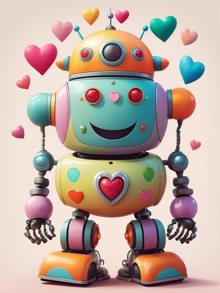 jetson's style robot, colorful, hearts, happy
