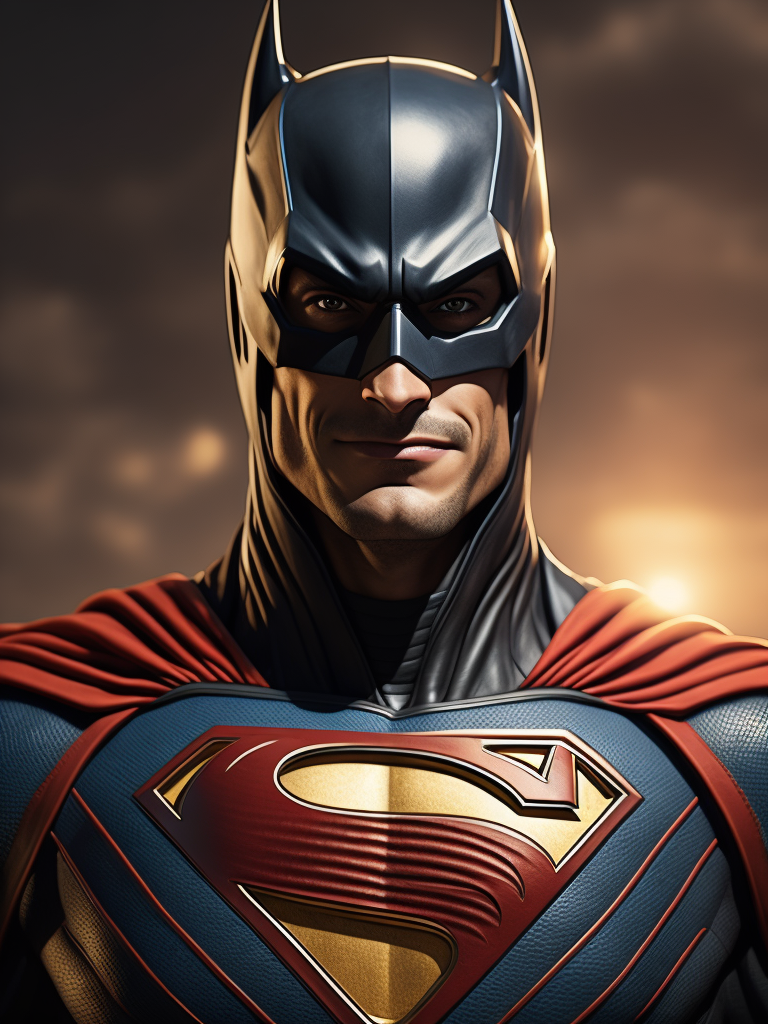 Superman dress like batman, smiling, joke