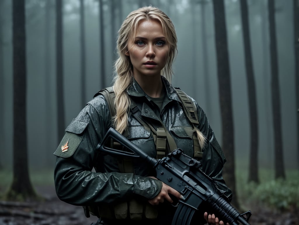 blonde woman with AK-74 gun on her hands rainy tarkov woods in military uniform