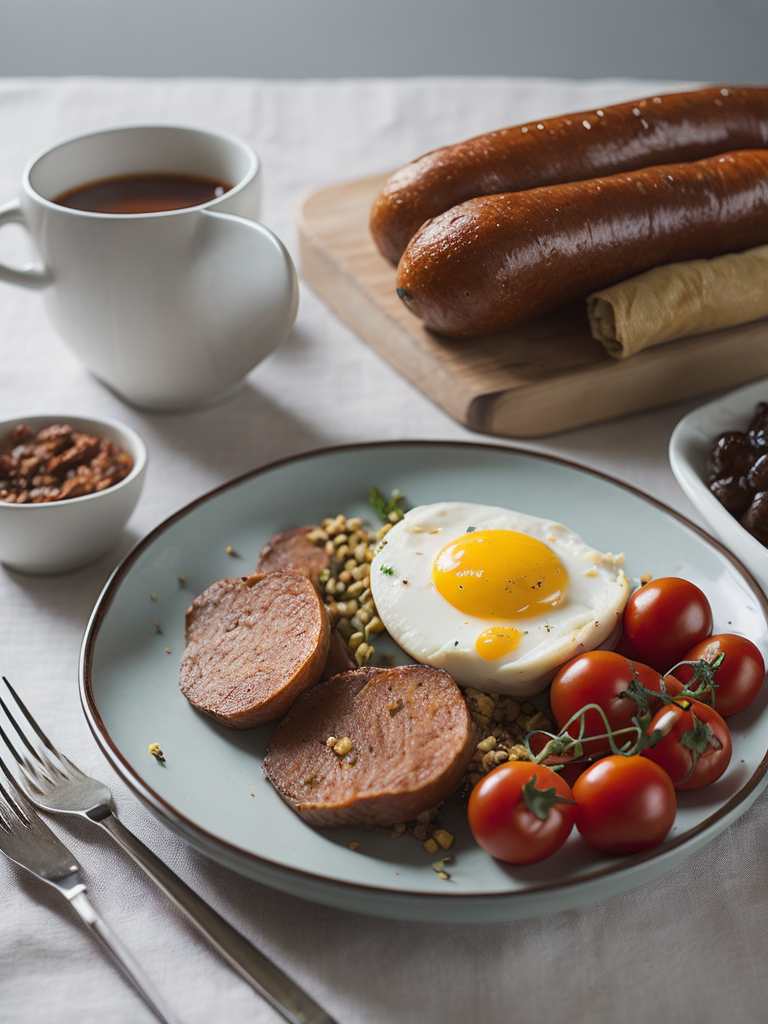 Завтрак из колбасы на тарелке жаренная колбаса яйцо и помидоры в заднем фоне полукопченая колбаса