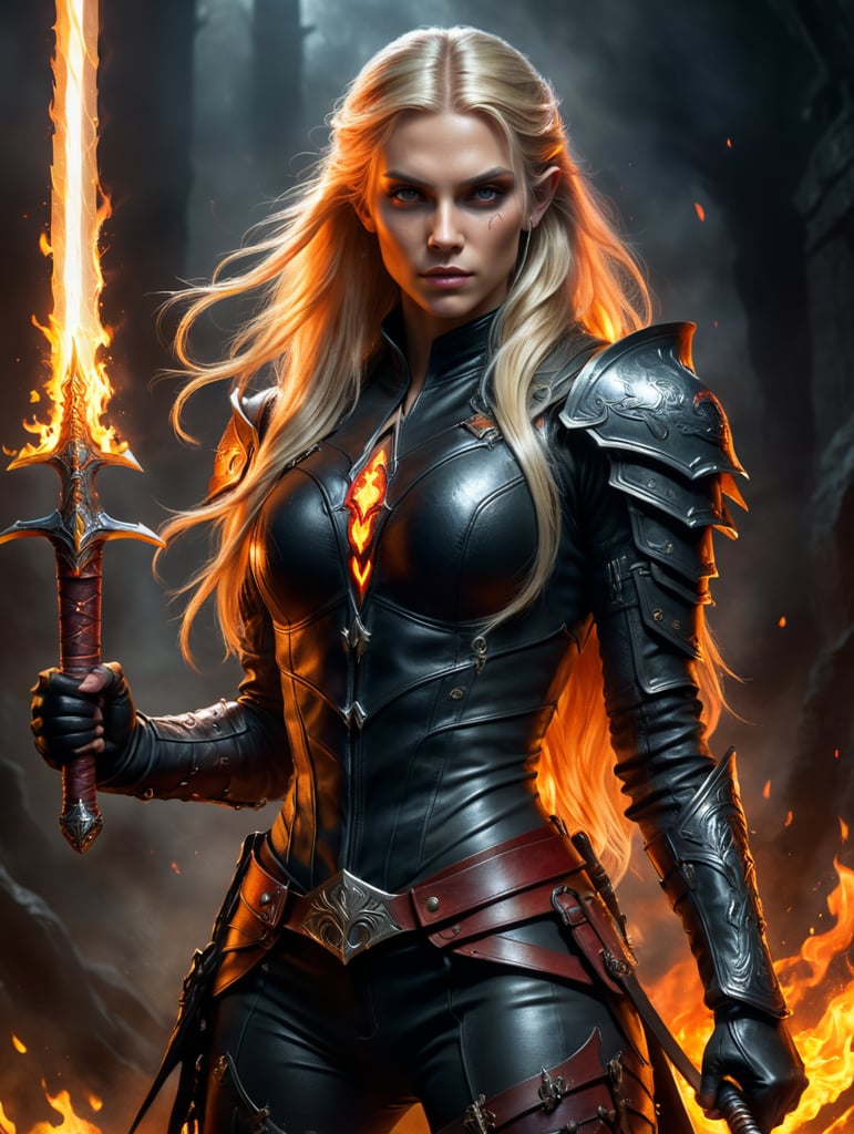 une femme demi-elfe avec de long cheveux blonds une tenue d'assassin en cuir. Elle tiens une épée enflammée