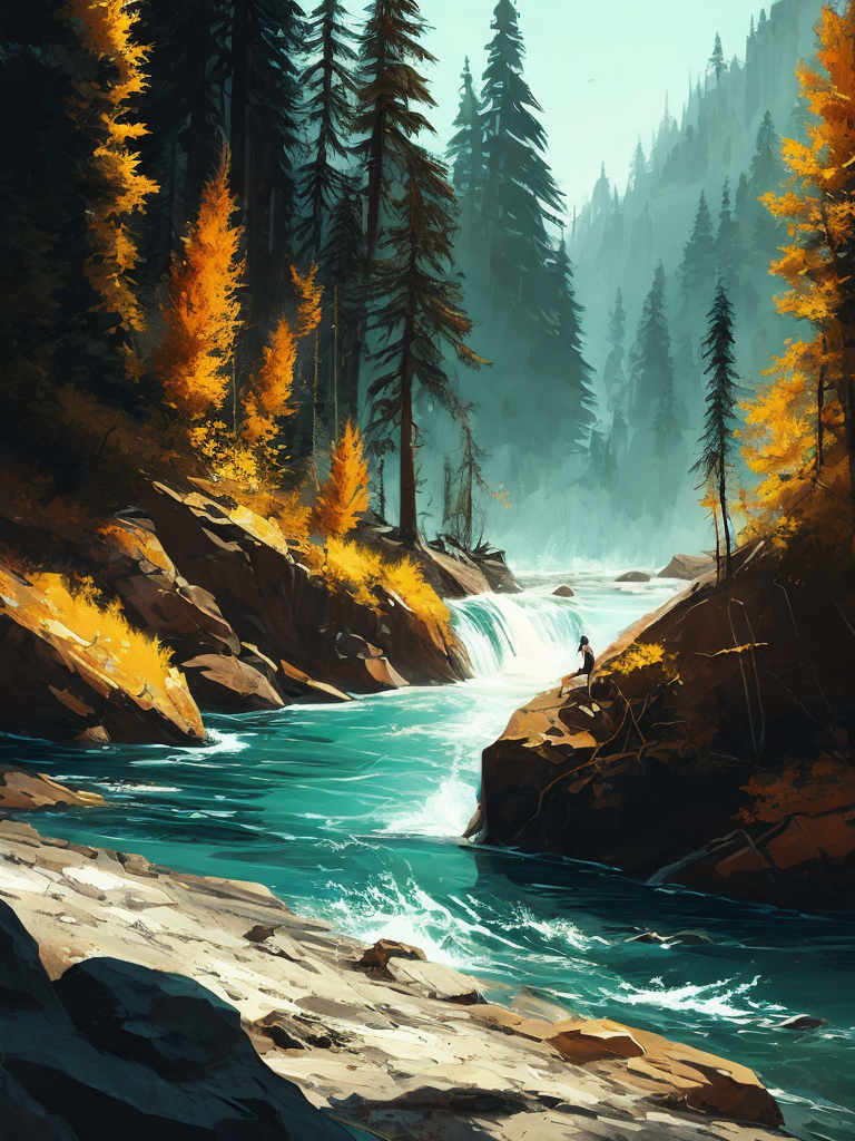 Rushing rapids in a crystal clear river, surrounded by towering trees and lush vegetation, energetic, serene, high detail, river landscape