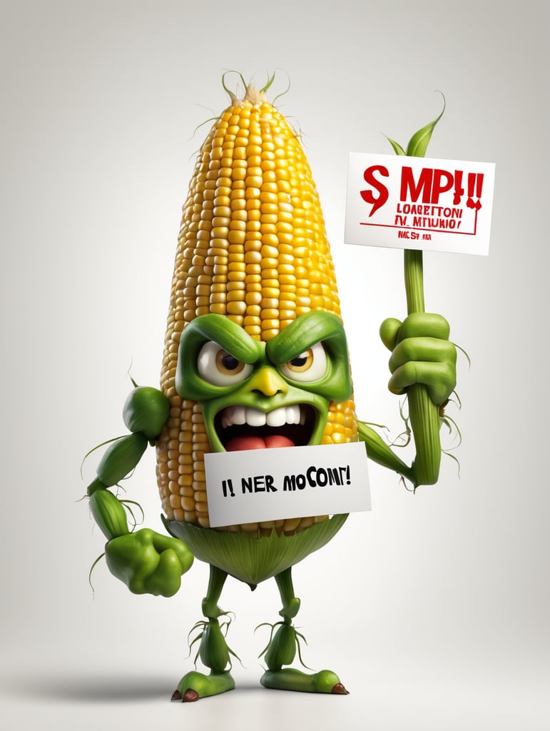 a realistic angry Genetically modified corn holding a sign "I'm sick!", WHITE background