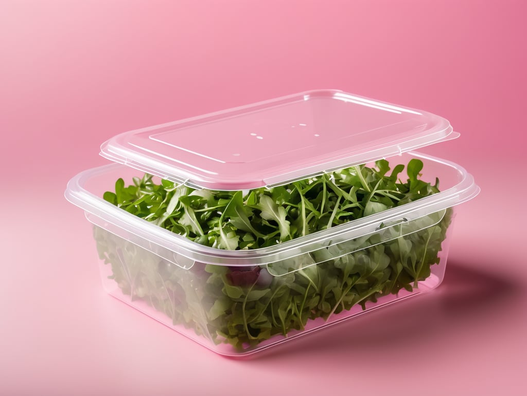 blank Transparent Plastic Container with Arugula Salad, isolated, pink background, Mockup, mock up