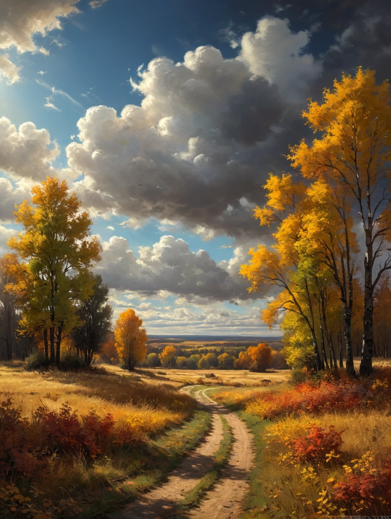 Стиль импрессионизм, радость, осень тепло солнце, степь трава, небо облака, деревья желтеющие листья, листопад
