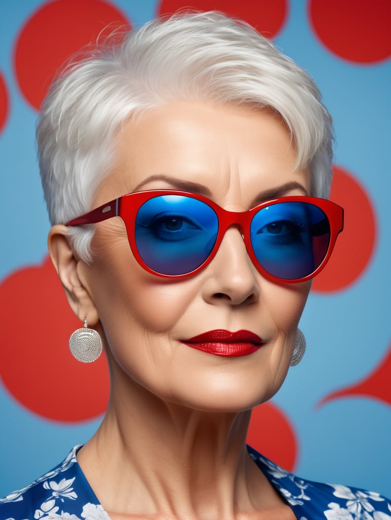 A portrait of a beautiful English older woman with white platinum short hair and big sunglasses, dressed all red, blue background, big cleavage, glamorous London portrait, highly realistic, women designer, very fashionable, colourful