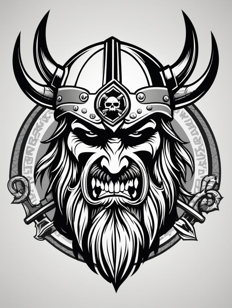Aggressive Viking with beard skull gaming logo, black and white, e-sports Logo, vector image