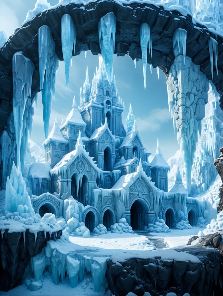 simple ice village with big ice pillars, surrounded by ice walls, with a great ice entrance