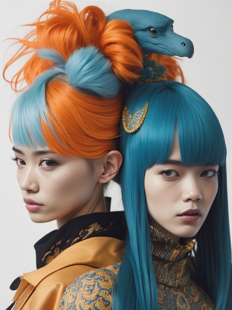 girls with toy characters and bright hair wearing colorful hair accessories, in the style of joong keun lee, multi-layered, dinocore, ren hang, pattern explosion, plasticien, light orange and light blue