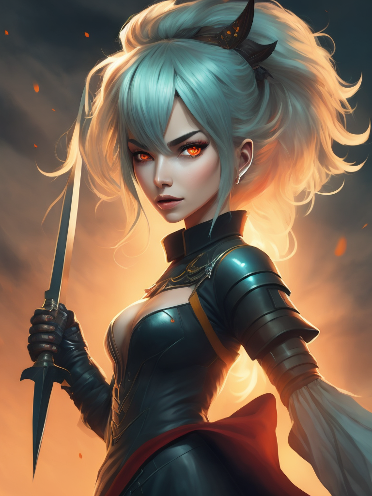 Create a digital artwork featuring an anime girl with white hair and red eyes, holding a sword