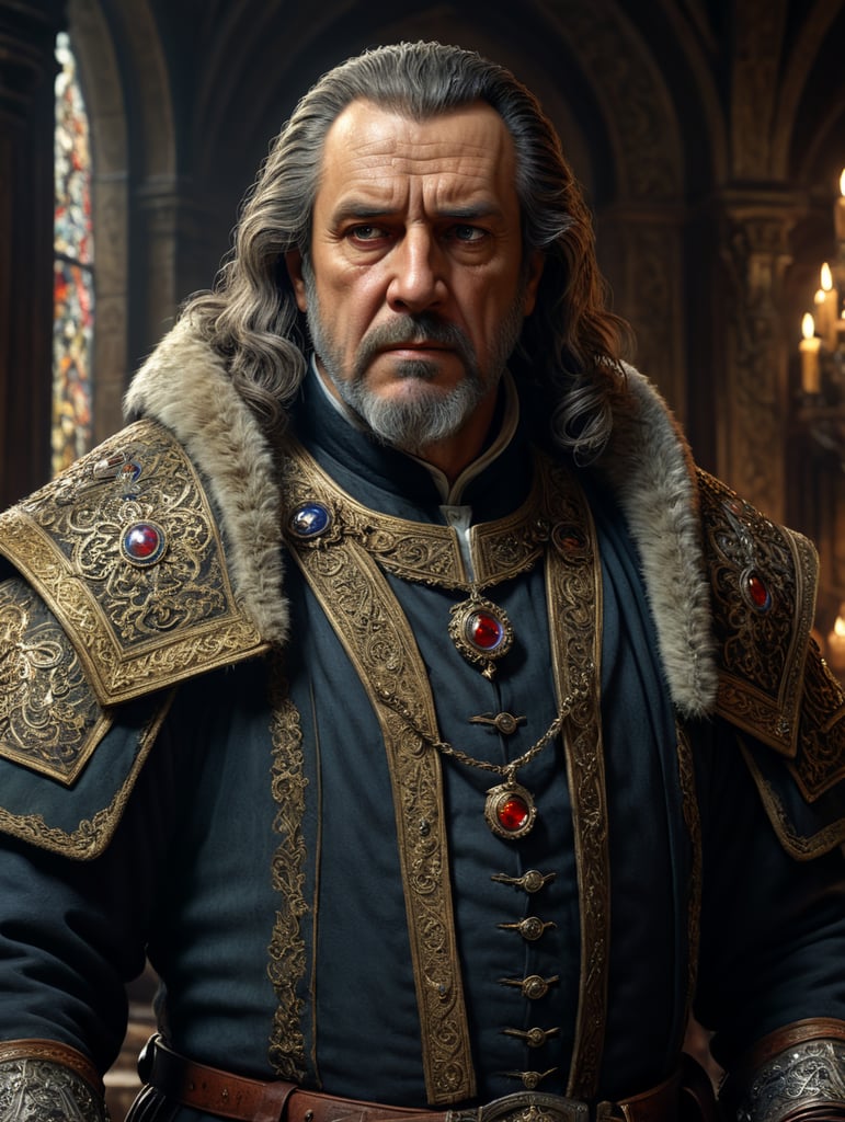 middleages, bailiff, 50 years old, one person, geyish hair, fine clothing