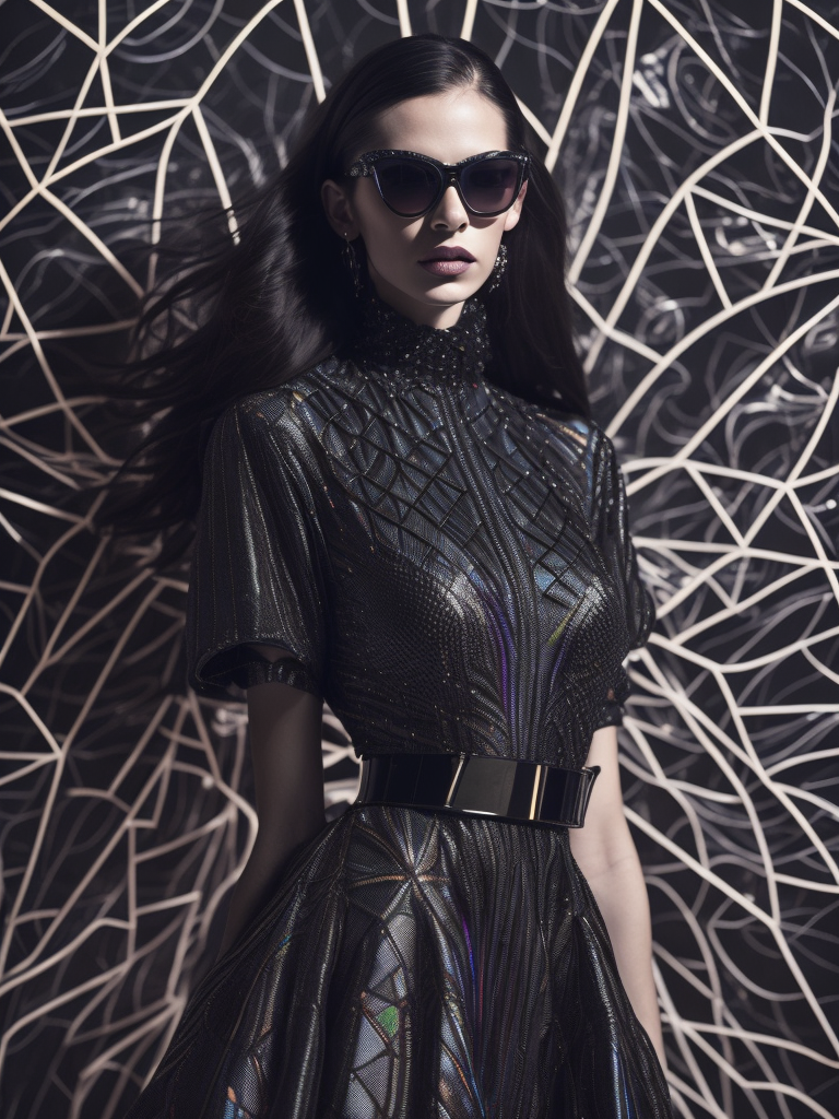 ultra sharp, fashion photoshoot, gothic, style of Alex Ross, futuristic fashionista dress made of rainbow DMT fibonacci grid patterns, shot on x-ray infrared film, bugeye sunglasses