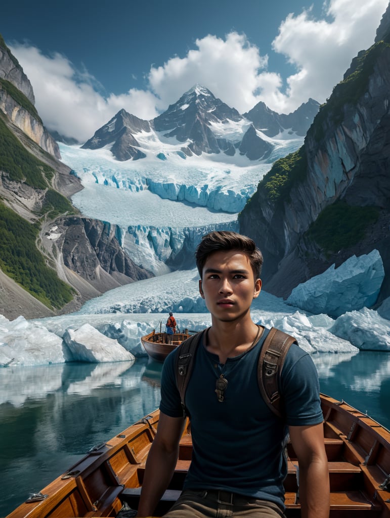 a young guy on a boat in front of a glacier