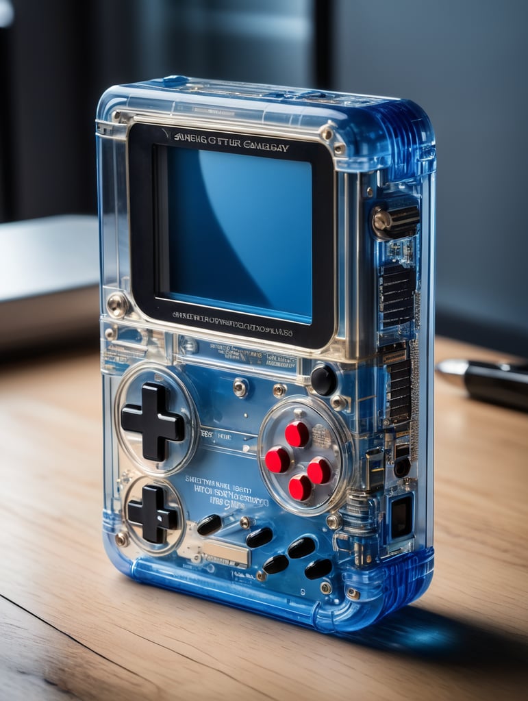 A see through blue translucent game boy designed by dieter rams. industrial design inspiration. unreal engine render, natural lighting, on desk, beautiful shot