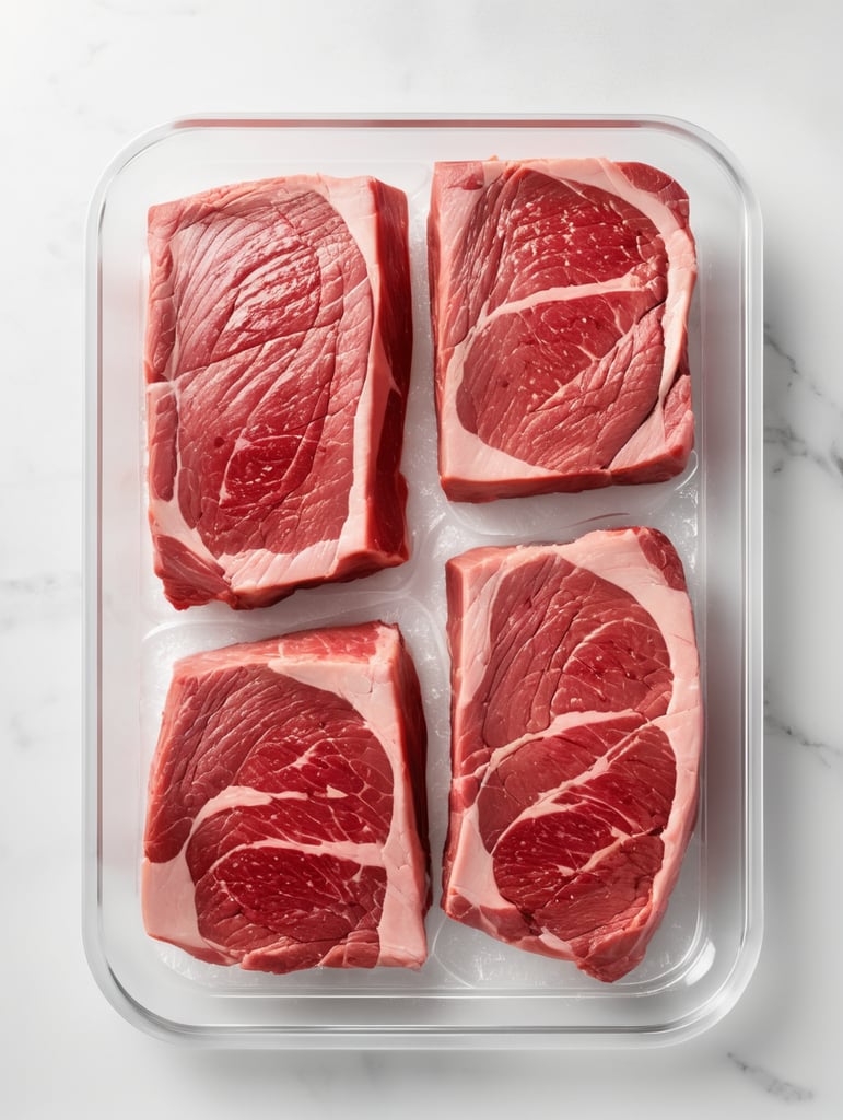 ready of cooking steak new york in a transparent plastic tray, top view, isolated, mockup