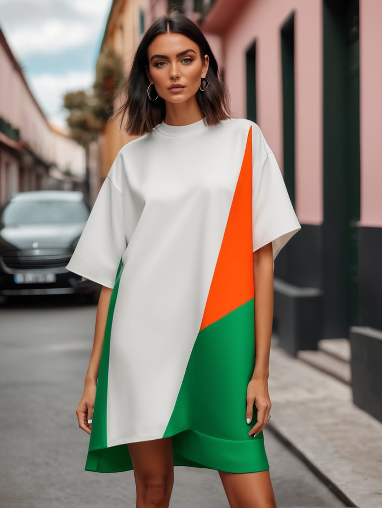 Minimalist dress with an oversized cut in black with subtle details in vibrant colors inspired by the work of Luis Barragan placed on a beautiful lady with green eyes with Streetwear black sneakers