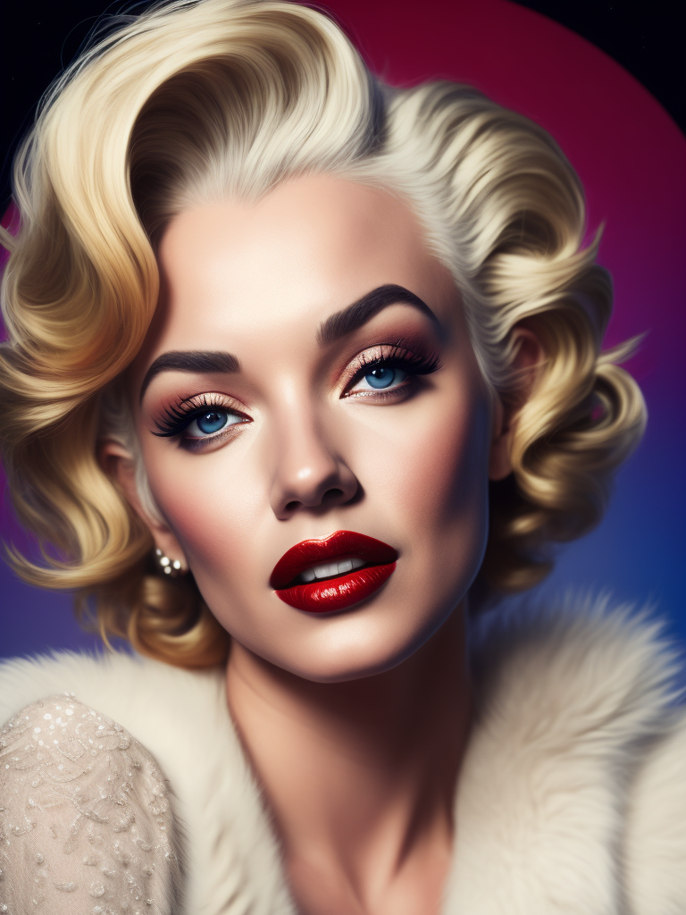 Portrait of Marilyn Monroe, ultra realistic, blonde hair, white dress, bright makeup, gradient background,