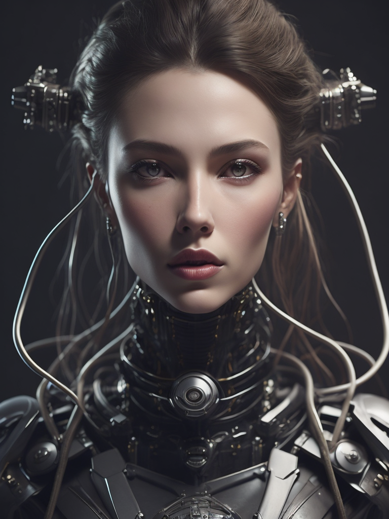 Portrait of a robot girl, enormous lips, transparent neck, porcelain face and head, robotic parts, cyberpunk, cable electric wires, hyperrealistic, fantasy, octane render, intricate, concept art, professional studio lighting
