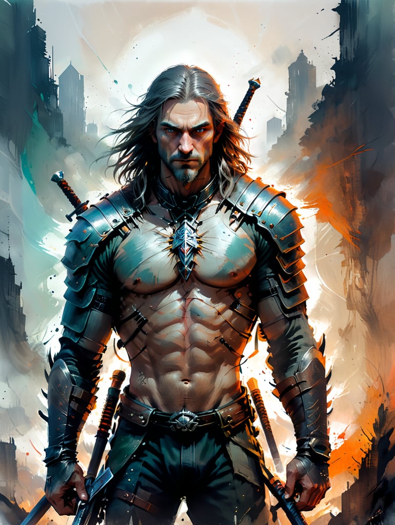 The witcher. A tall man with ashen long hair and two swords on his back