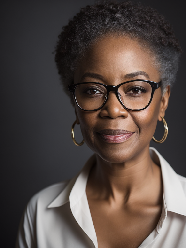 Attractive middle class senior african-american woman with glasses walking confidently dark background