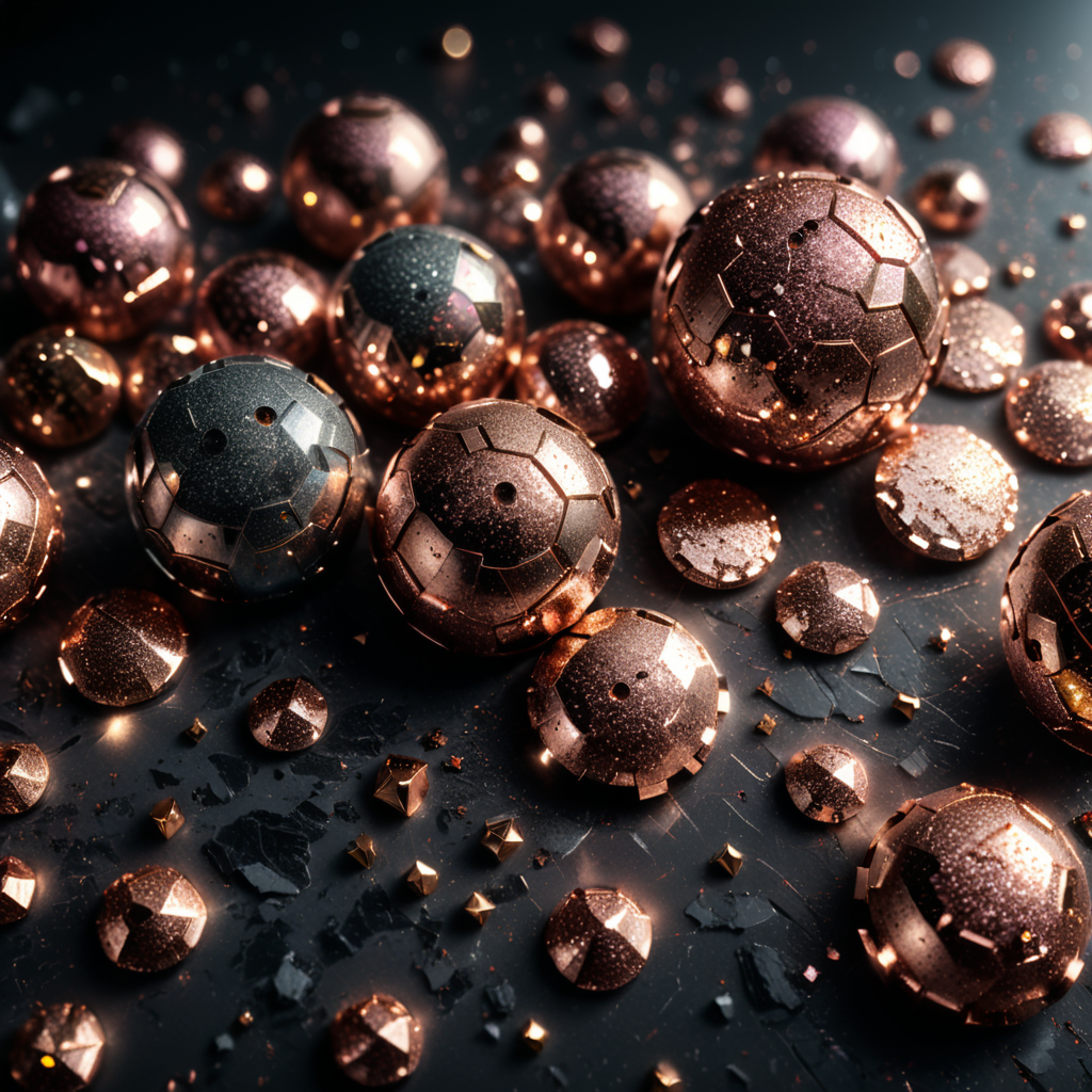 Rose gold glitter scattered on white background