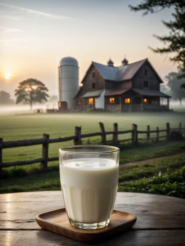 A mockup of a glass of milk, early morning, fog, farm blurred background