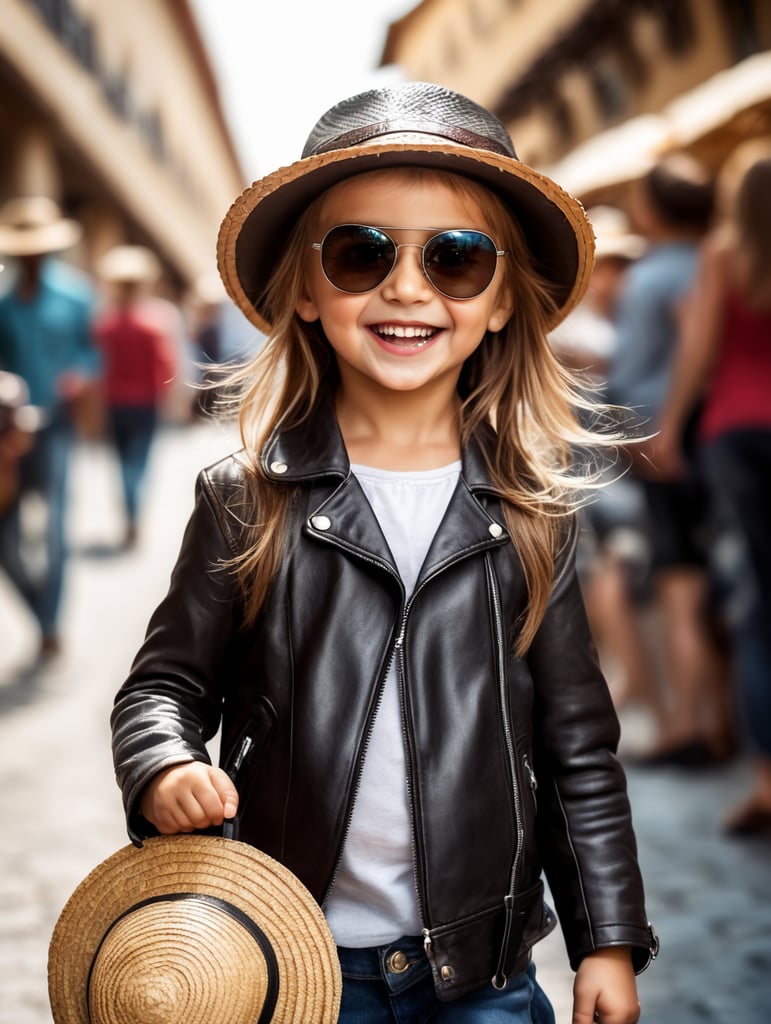 photo happy little girl going to travel, cute girl, leather jacket, straw hat, sunglasses, harpers bizarre, cover, headshot, hyper realistic