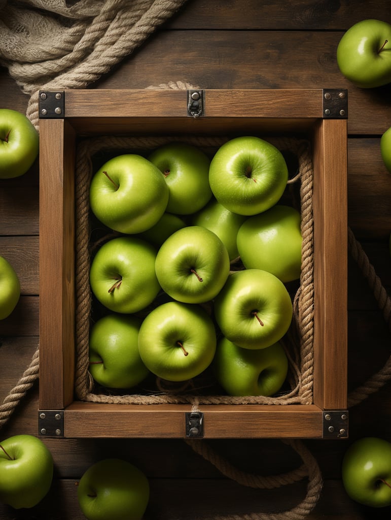 Top view. A brown wooden box filled green apple, a box with thick rope handles, lies on a wooden table, studio lighting, the green apple have high-quality peel, Photo from above, top view, highly detailed photo, high quality photo, studio photo