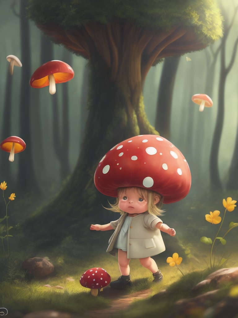 Little Hopeful mushroom, extremely cute and bouncy, anime style by Sui ishida, a Chromatic breeze is sweeping across the forest floor