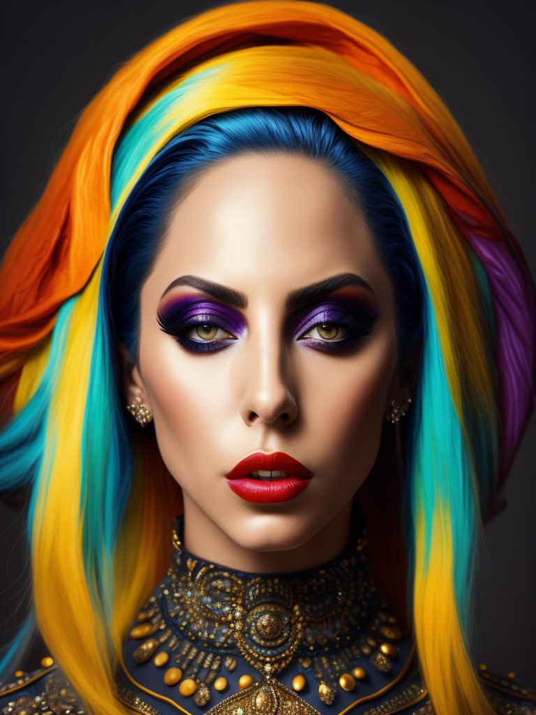 Portrait of lady gaga, bright and saturated colors, elegant, highly detailed, vogue, fashion magazine, sharp focus, bright expressive makeup, dramatic lighting, depth of field, incredibly high detailed, blurred background