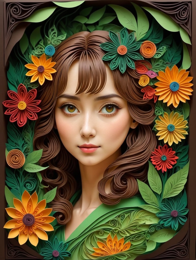 masterpiece best quality expressive eyes perfect face anthropomorphous flower girl brown body green leaves colorful flowers medieval fantasy text to image art digital art with enchanted forest as background