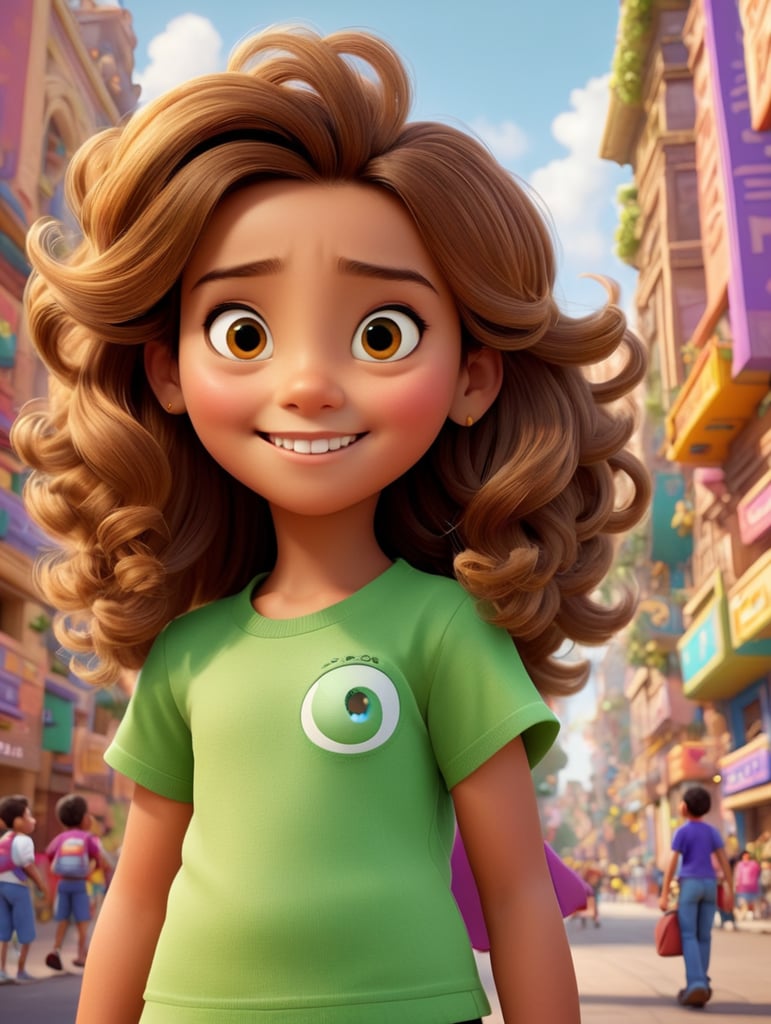 A Disney Pixar-inspired movie poster with title "Lulu Ribas", the scene should be in the distinct digital art style of Pixar in Manaus city, in front of the Amazon opera theater, with a focus on character expressions, Girl, 12 years old, light Brown Curly hair, vibrant colors, and detailed textures that are characteristc of their animations, with the title "Lulu Ribas"