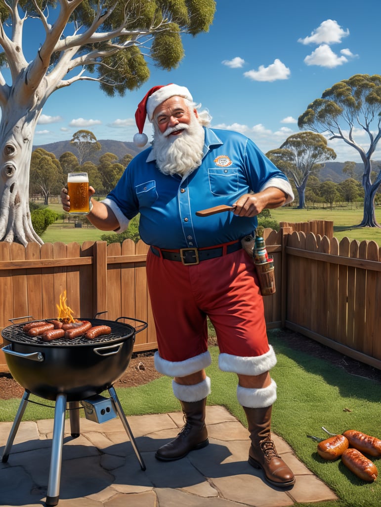 Santa wearing shorts, a short sleeve blue shirt, and wearing flip flops, cooking sausages on a small barbeque. He is standing on grass next to an Australian ghost gum tree, with a backyard fence behind him and a blue sky. He is holding a can of beer in one hand and metal barbeque tongs in the other hand