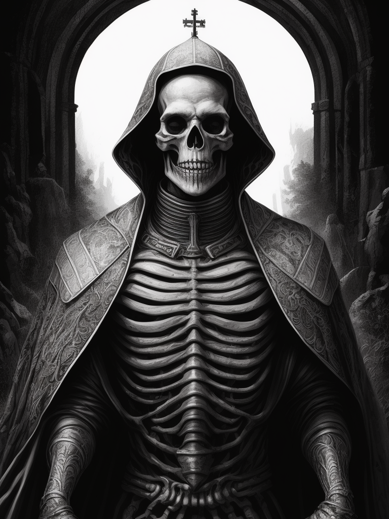 A black and white ink illustration of a scary skeleton pope, very detailed, cross hatching, gig poster, dark art