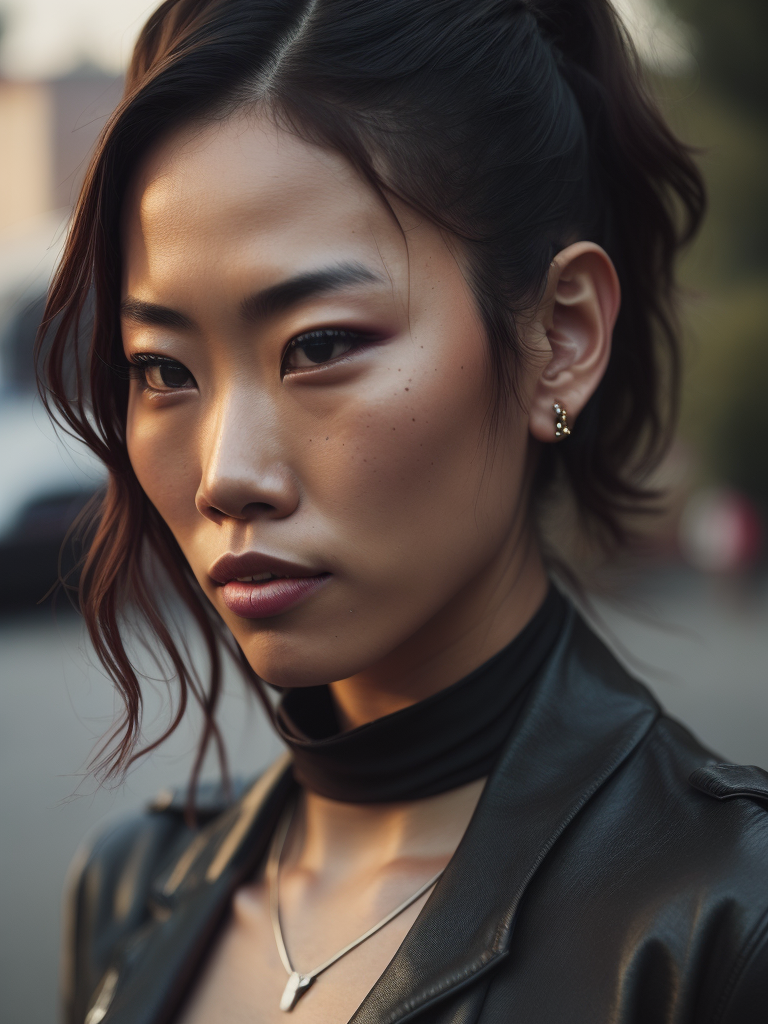 young Asian female street racing enthusiast, freckles, fashion, American muscle cars, in street race meet in LA, in the style of Hiphop art sensibilities, muscle cars, tattoos, drugcore, delicacy of touch, caffenol developing, letterboxing, coloured lights, Sacha Goldberger, psychedelic realism, ultra detailed, gloomy metropolises, mallgoth